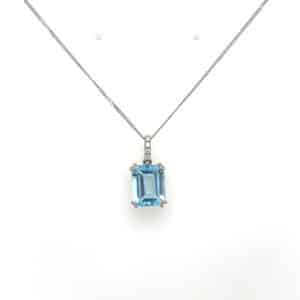 9ct White Gold Square Blue Topaz & Diamond Necklace
