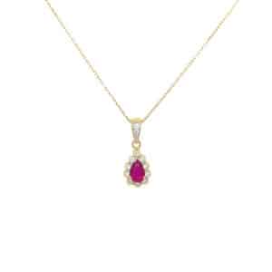 18ct Yellow Gold Ruby & Diamond Pear Shaped Cluster Necklace