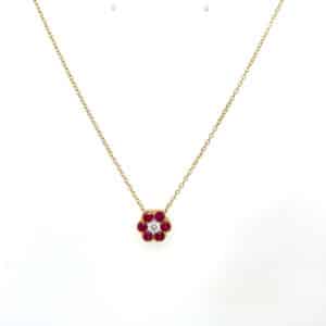 18ct Yellow Gold Ruby & Diamond Cluster Necklace