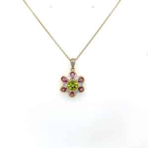 9ct Yellow Gold Peridot, Pink Topaz & Diamond Necklace