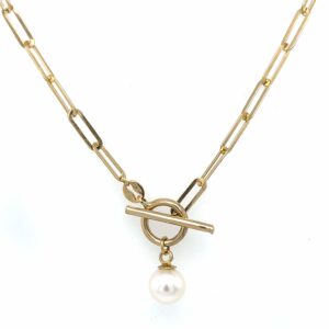 9ct yellow gold paper chain style t bar pearl necklace